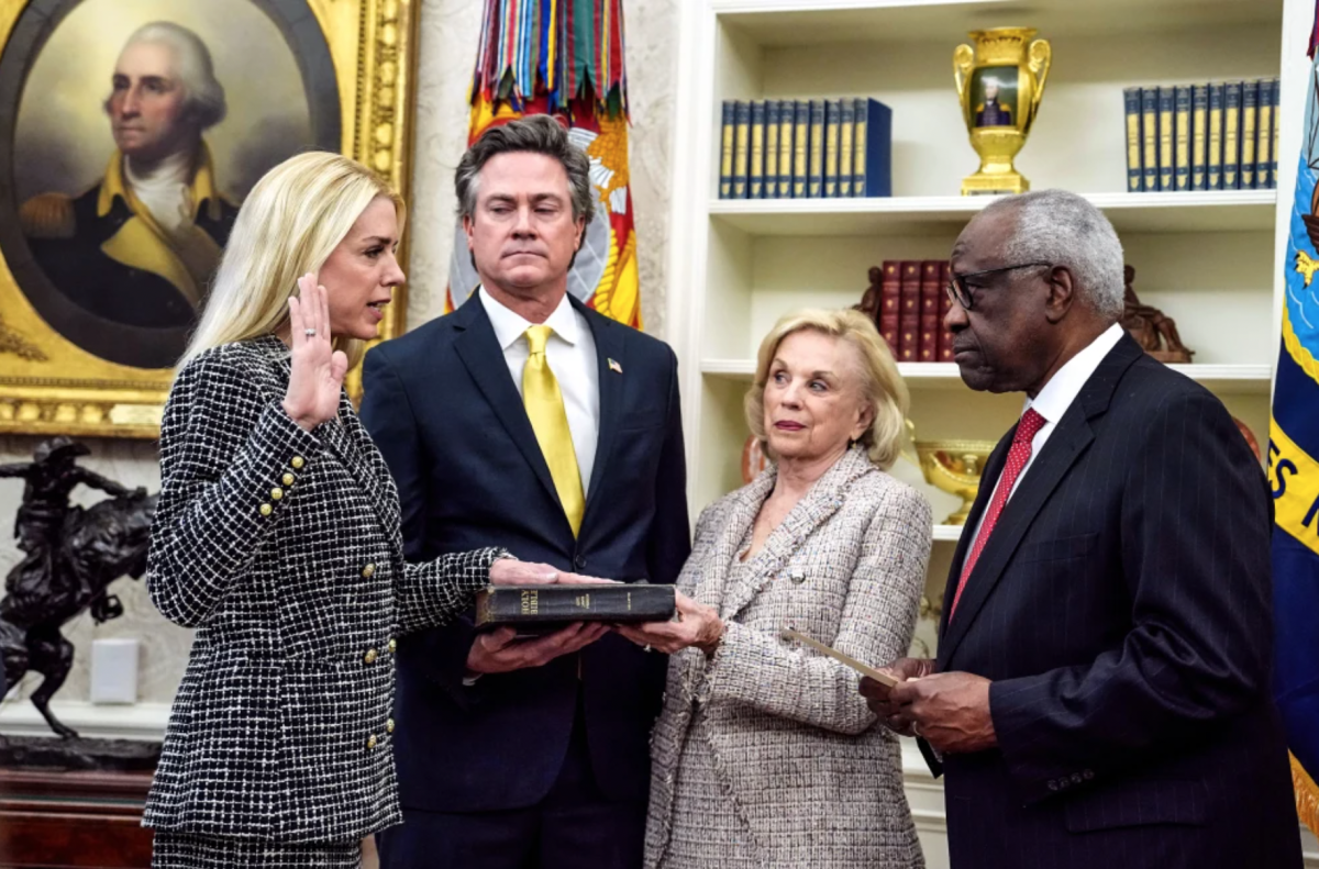 Pam Bondi being sworn in as attorney general after being confirmed. 
Andrew Harnick/Getty Images